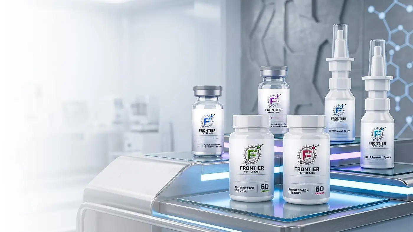 Frontier Peptide Labs vials, capsules and research sprays in a laboratory